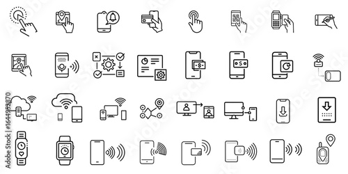 Mobile phone and technology icon set of smartphone, message, battery, wifi and app symbols for blogs, websites, UI kits, clipart and presentations
