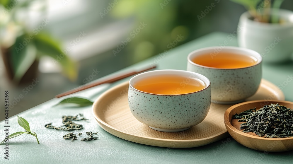 Chinese Tea Culture - White Ceramic Tray with Milk Oolong Tea and Loose Baihao Tea Leaves on Pastel Background Chinese Tea Culture - White Ceramic Tray with Milk Oolong Tea and Loose Baihao Tea Leaves on Pastel Background