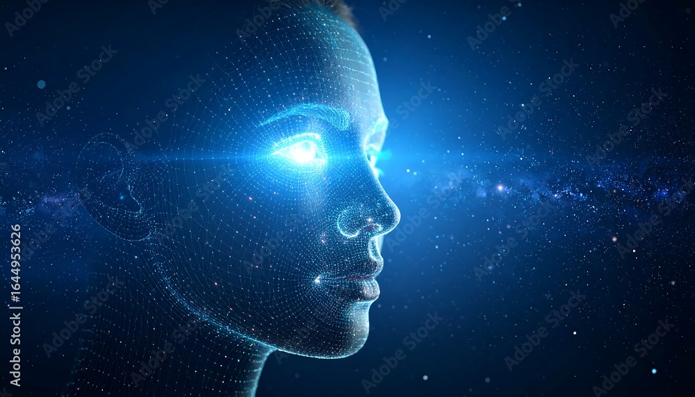 Obraz premium Digital Woman's Profile with Glowing Eyes Against a Starry Galaxy Background