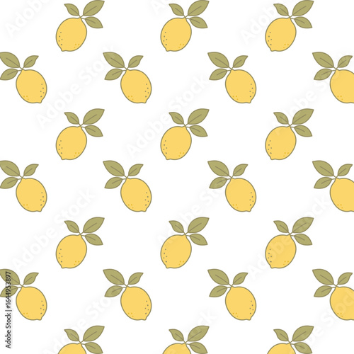 Seamless pattern with lemons and green leaves on a white background. Summer citrus design in pastel tones for packaging, textiles, and decoration.