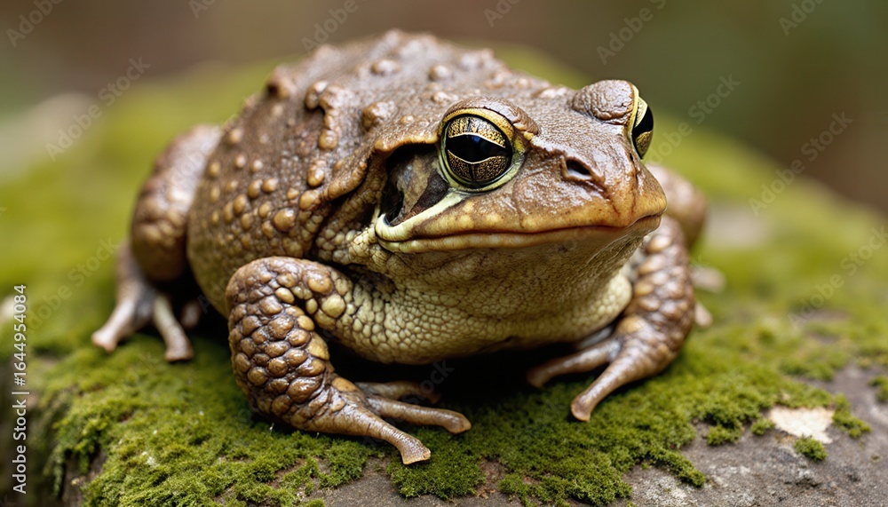 Brown frog sitting on mossy rock in a natural setting Brown frog sitting on mossy rock in a natural setting