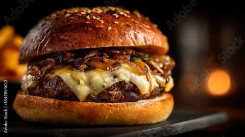 Gourmet burger with melted cheese and caramelized onions on a toasted sesame seed brioche bun set against a dark background