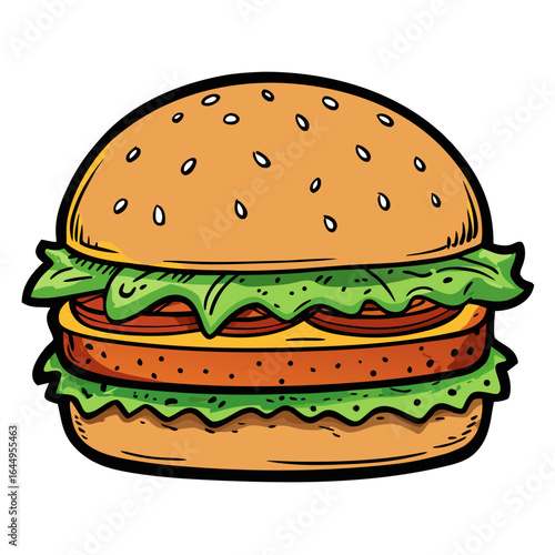 A vibrant cartoon illustration of a delicious cheeseburger with lettuce tomato and sesame seeds on a white background