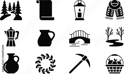 Collection of twelve minimalist black glyph icons: nature, objects, and tools.