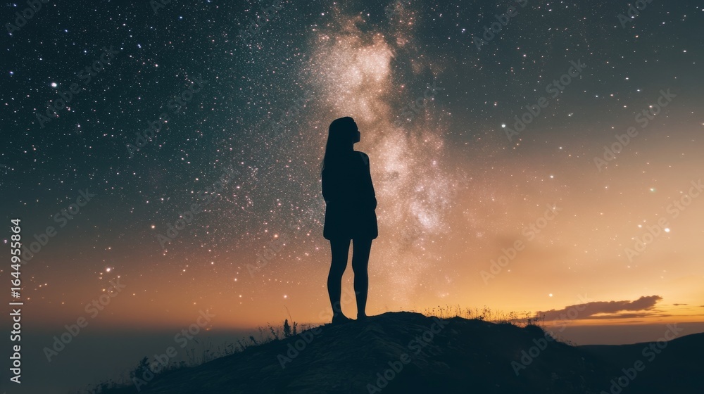 Fototapeta premium Silhouette of woman standing on a cliff, looking at a starry sky