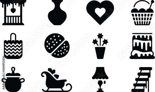 Bold Black Glyph Icons: Home, Heart, Hobbies, and Holiday Symbols