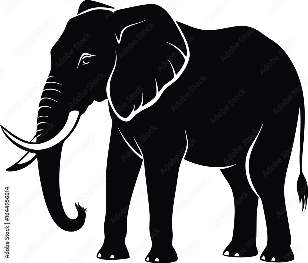 Fototapeta premium Black Elephant Silhouette Vector Illustration with Tusks