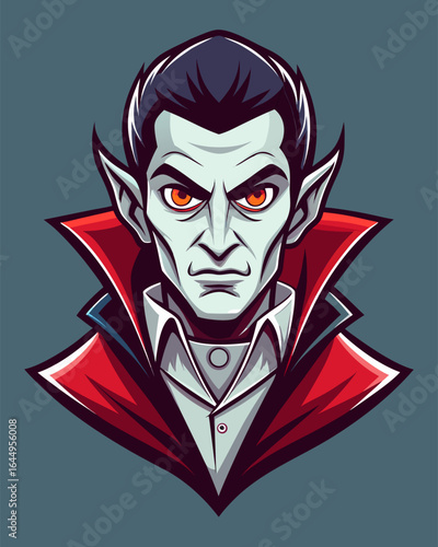 Stylized illustration of a menacing vampire with sharp features and glowing orange eyes wearing a red cape