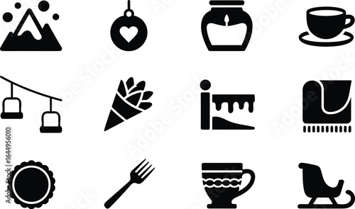 Cozy Winter Holiday Icons:  Simple Black Glyph Style, Festive Mood,  Vector Graphics.