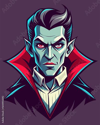 Stylized portrait of a menacing vampire with pale skin red eyes and a dramatic cape against a dark background