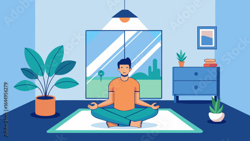 Man practicing yoga and meditation indoors in a calm room with plants and a window view