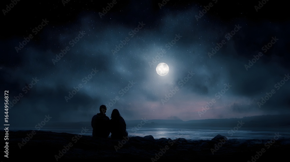 Fototapeta premium Couple stargazing under a moonlit sky