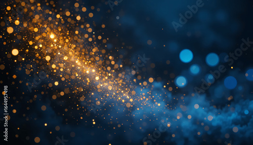 Golden Glitter and Blue Bokeh Lights on Dark Hazy Background, Magical Night Sky Effect