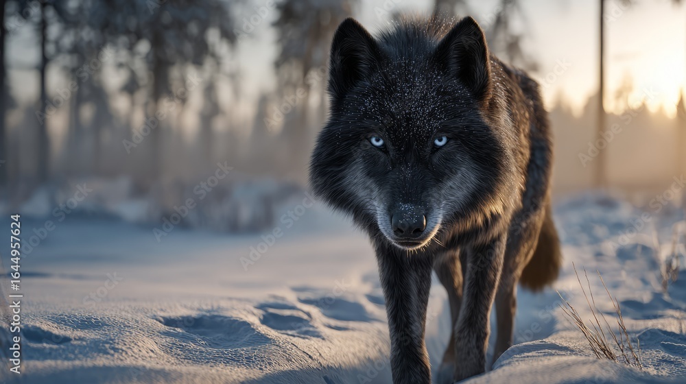 Naklejka premium Dark grey wolf standing alert in snowy winter landscape with blue shadows and blurred forest background, captivating wildlife portrait