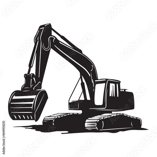 Silhouette of a large excavator machine in a construction or digging operation.