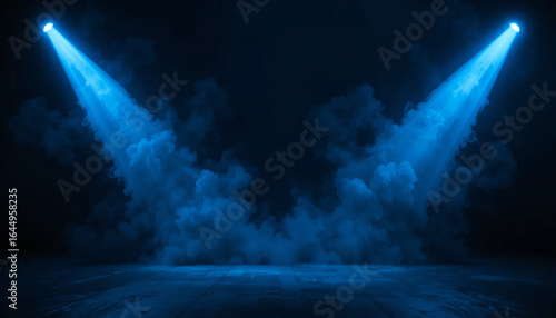 Dramatic Blue Light Beams Through Mist on Dark Reflective Surface, Ethereal Abstract Background