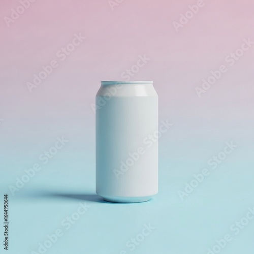 Blank white can mockup on a pastel pink and blue gradient background, ideal for modern beverage branding design