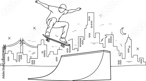 Skateboarder in the city doing a trick, line art illustration