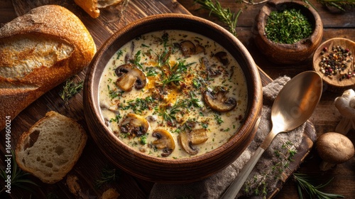 Creamy mushroom soup in a rustic wooden bowl garnished with fresh herbs and crispy croutons on a wooden table, inviting comfort food