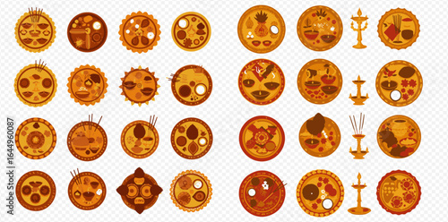 A collection of flat vector icons depicting traditional Hindu Puja Thalis with offerings and Aarti lamps for worship and festivals.