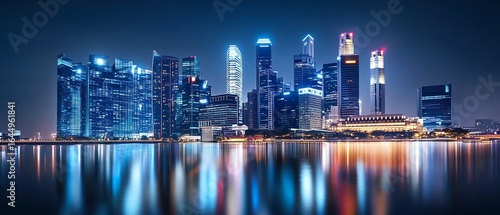 Modern skyscrapers illuminated at night.