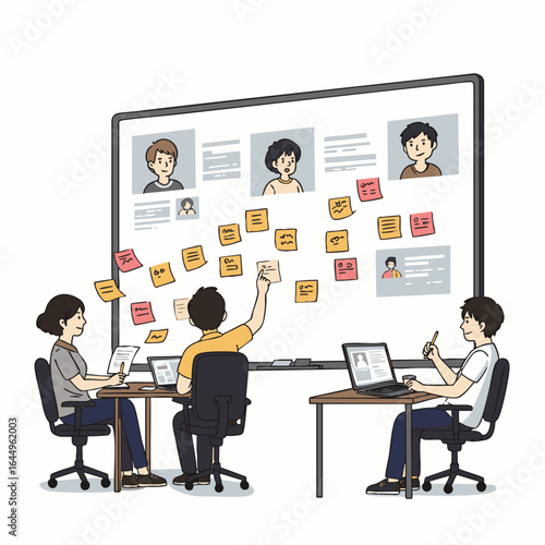 A diverse team collaborates in a hybrid work environment, utilizing technology for virtual meetings, online discussions, and efficient project management across a distributed workforce.
