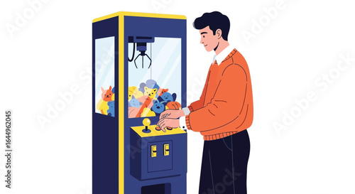 Man playing a claw machine with stuffed animals inside glass