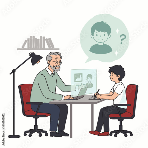 Modern hybrid work environment showcasing a virtual meeting. An older man and a younger man collaborate remotely using technology and digital tools for a global team.