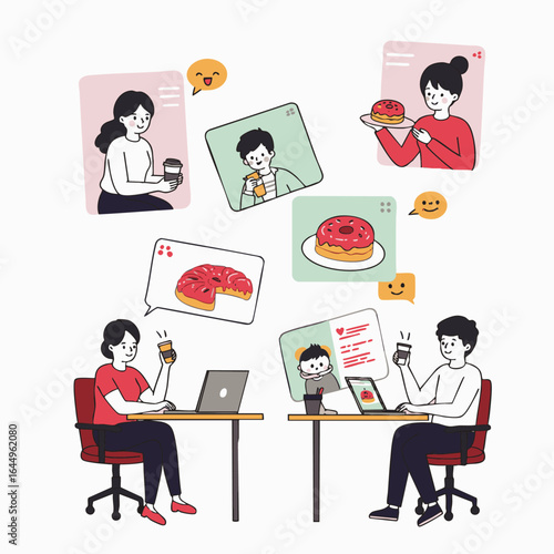 Diverse colleagues collaborate remotely, sharing ideas and enjoying virtual coffee breaks during an online meeting, fostering a digital and flexible work environment.