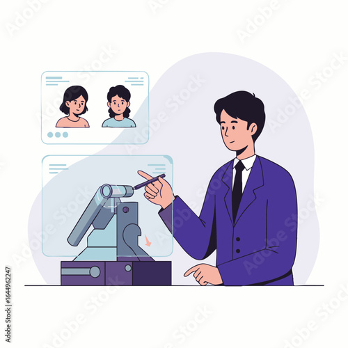 A professional man utilizes cutting-edge technology for seamless virtual meetings and efficient global team collaboration in a modern hybrid work environment.