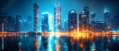 Vibrant city skyline at night with reflections.