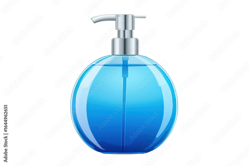 Obraz premium Blue liquid soap dispenser isolated on transparent background. Clear pump bottle with blue liquid isolated on white background.