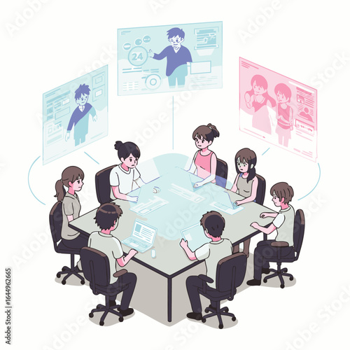 A diverse group of professionals seamlessly engages in a modern hybrid work environment, fostering productive online collaboration and effective virtual meetings.