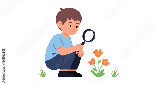 A boy looking at flowers with a magnifying glass outside
