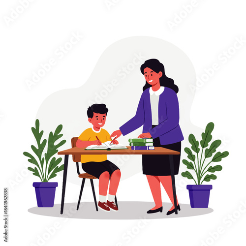 An illustration of a female teacher helping a young male student with his schoolwork.
