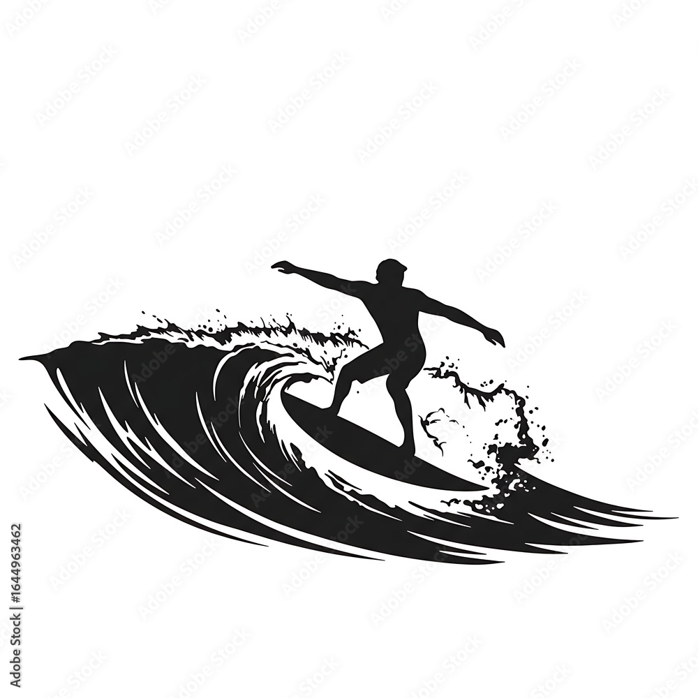 Surfer Riding a Wave - Black and White Silhouette Surfer Riding a Wave - Black and White Silhouette