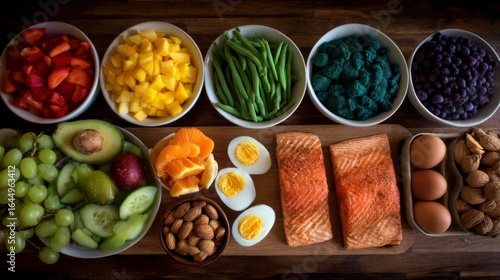 Diverse assortment of healthy foods arranged on wooden board including colorful fruits, vegetables, salmon fillets, eggs, nuts and seeds, overhead view.