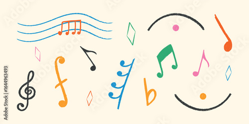 Musical Note set. Hand drawn crayon texture. Doodle music Icons. Сolor chalk elements, wax crayons shapes for school poster, disco, punk rock party. Flat isolated children vector illustration. 