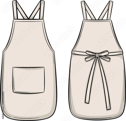 Apron front and back view, flat sketch design, cooking apron template, kitchen garment fashion, cad drawing flat vector illustration