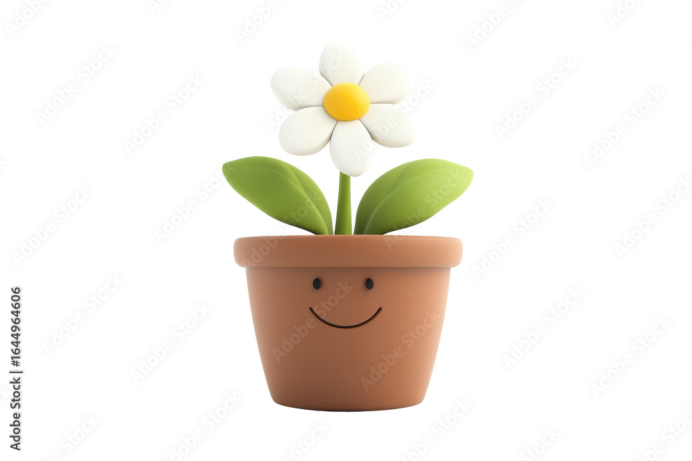 Obraz premium Cute smiling flower pot with white daisies isolated on transparent background. Cute flower pot with a white blossom isolated on white background, 3d rendering.