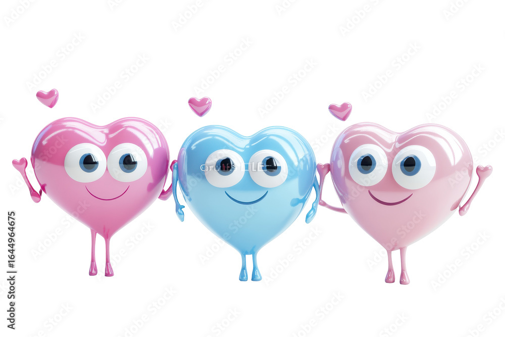 Obraz premium Two cute cartoon hearts standing together isolated on transparent background. Cute blue and pink heart shaped characters with googly eyes and arms isolated on white background, 3D Rendering.