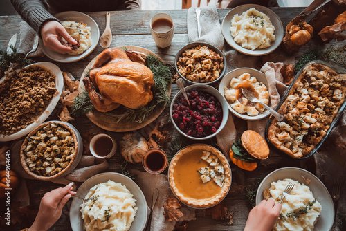 Overhead view of Friendsgiving table with seasonal dishes