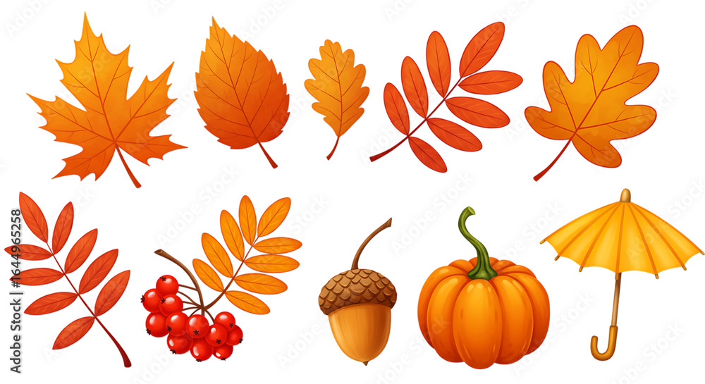 Obraz premium Collection of autumn leaves acorn pumpkin and umbrella isolated on transparent background
