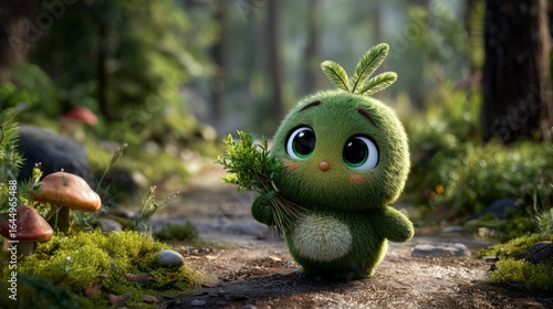 Cute green forest creature with big eyes and a leaf sprout standing on a mossy woodland floor with autumn leaves and mushrooms, whimsical fantasy character design