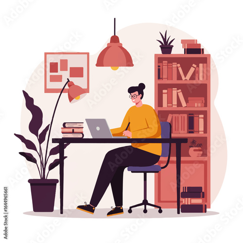 An illustration of a man working from home, focused on his laptop in a cozy room.