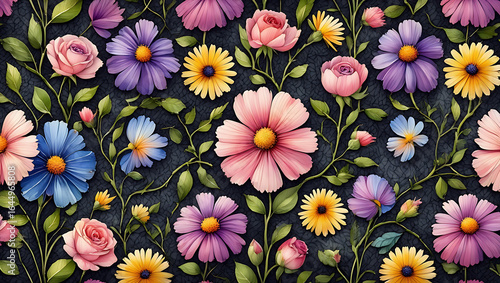 Wallpaper Mural Vibrant tapestry of diverse blooming flowers on dark background Torontodigital.ca