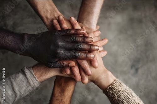 Hands of diverse skin tones stacked together.