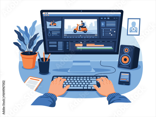 First-person view of a video editor working at a desk, using software on a computer to edit footage of a man riding a scooter.
