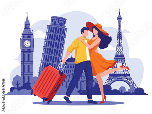 A romantic couple with a suitcase on a tour of famous European landmarks.