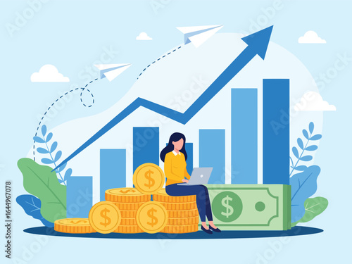 A businesswoman works on a laptop while sitting on money in front of a rising bar chart, symbolizing financial growth and success.